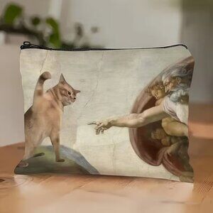 Funny Cat Swatting at Hand of God Canvas Cosmetic Bag NEW & SO FUNNY!